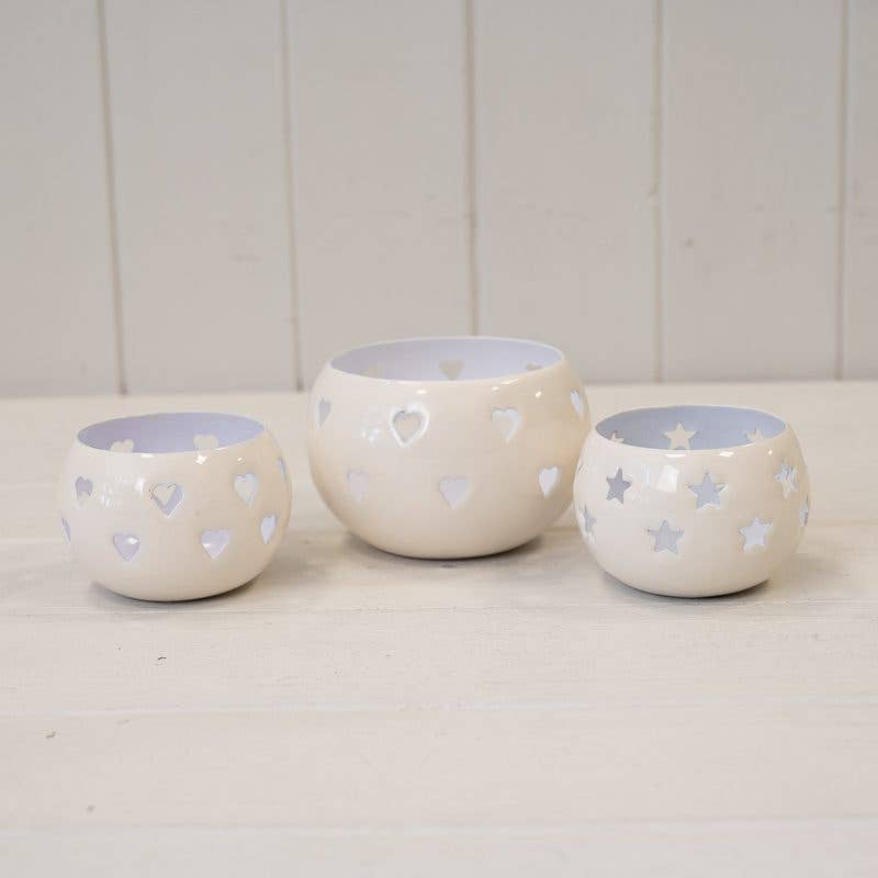 White T-Light Holder with Cut Out Hearts