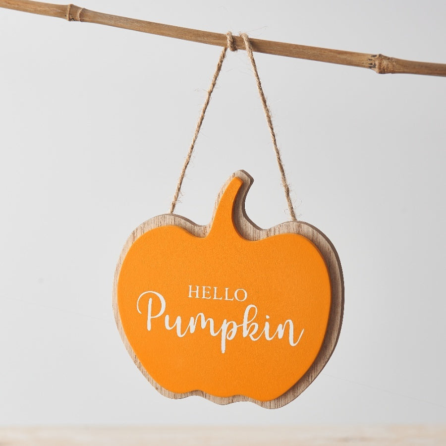 Orange 'Hello Pumpkin' Hanging Wooden Plaque