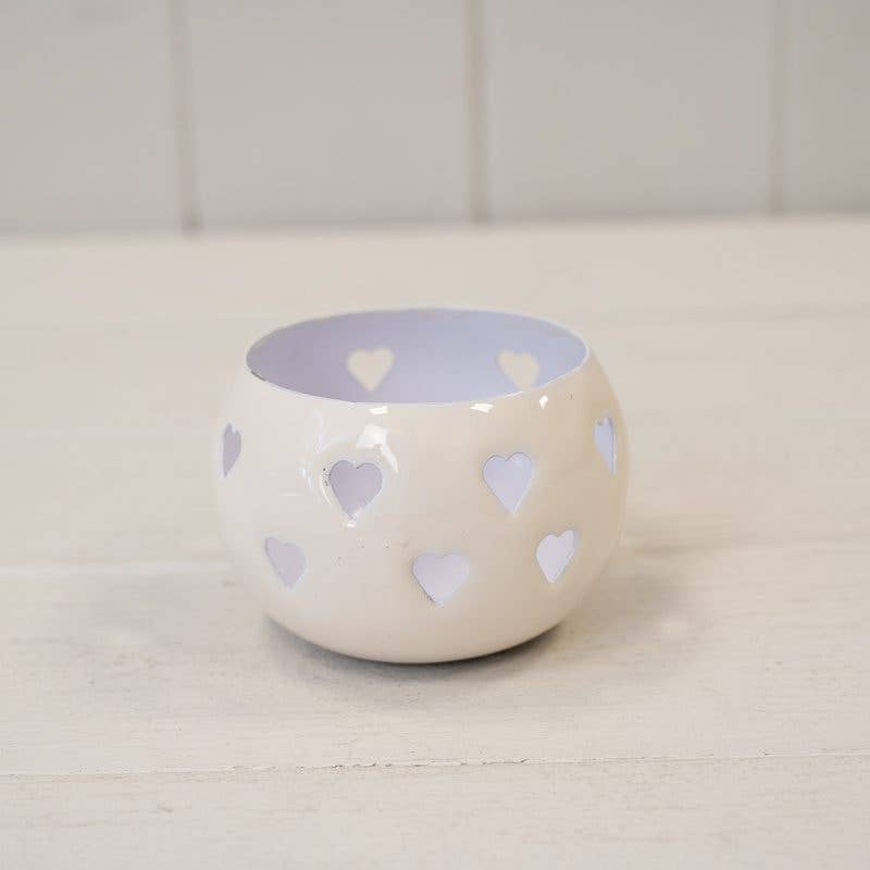 White T-Light Holder with Cut Out Hearts
