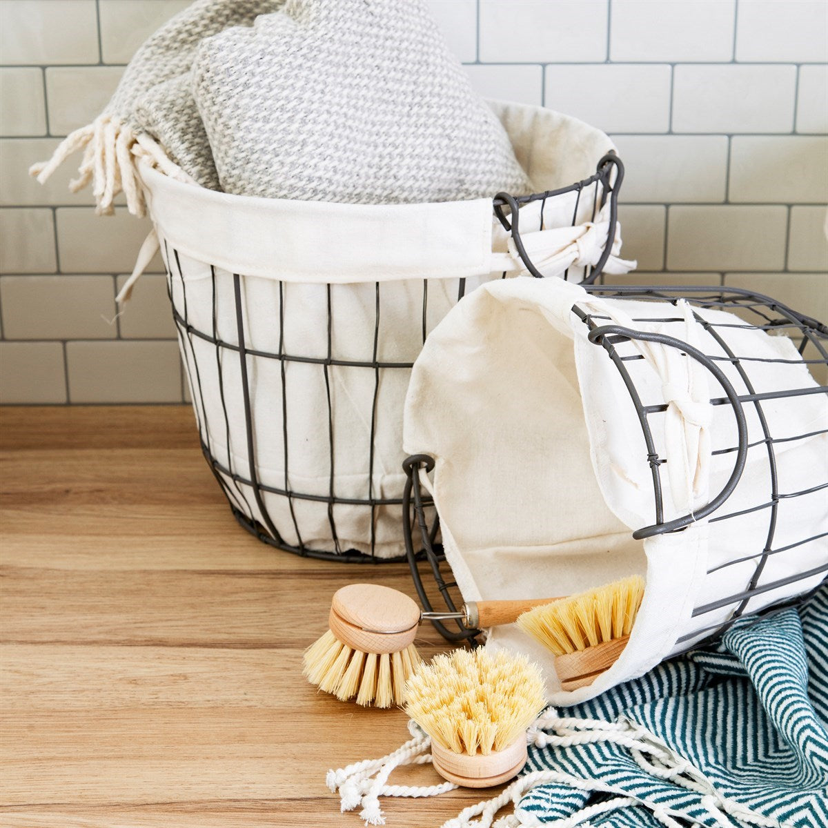 Sass & Belle Round Wire Storage Baskets With Lining - Set Of 2
