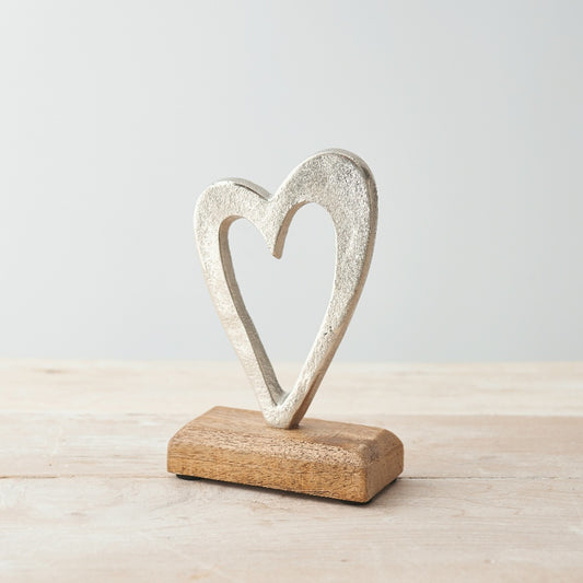 Silver Metal Heart on Wooden Base