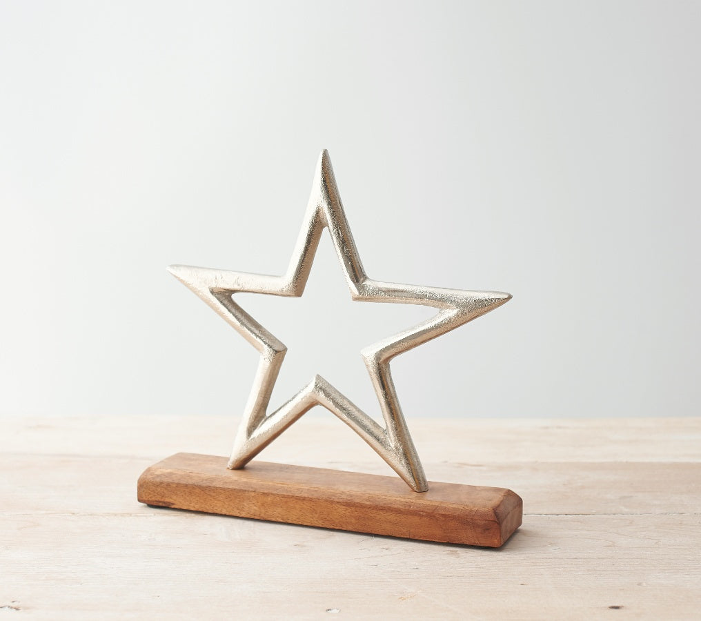 Silver Metal Star on Wooden Base 21cm