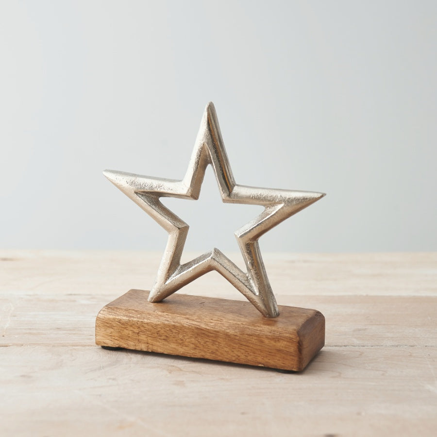 Silver Metal Star on Wooden Base 14cm