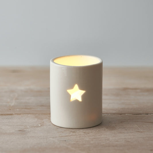 Glazed Ceramic Tealight Holder With Star Cut-Out Detail