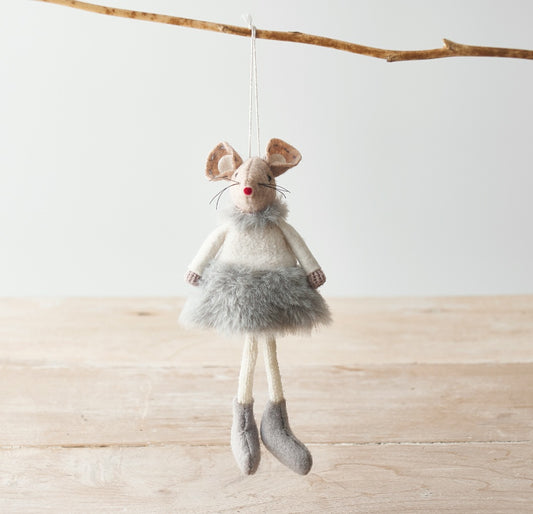 Hanging Mouse in Grey Fluffy Dress