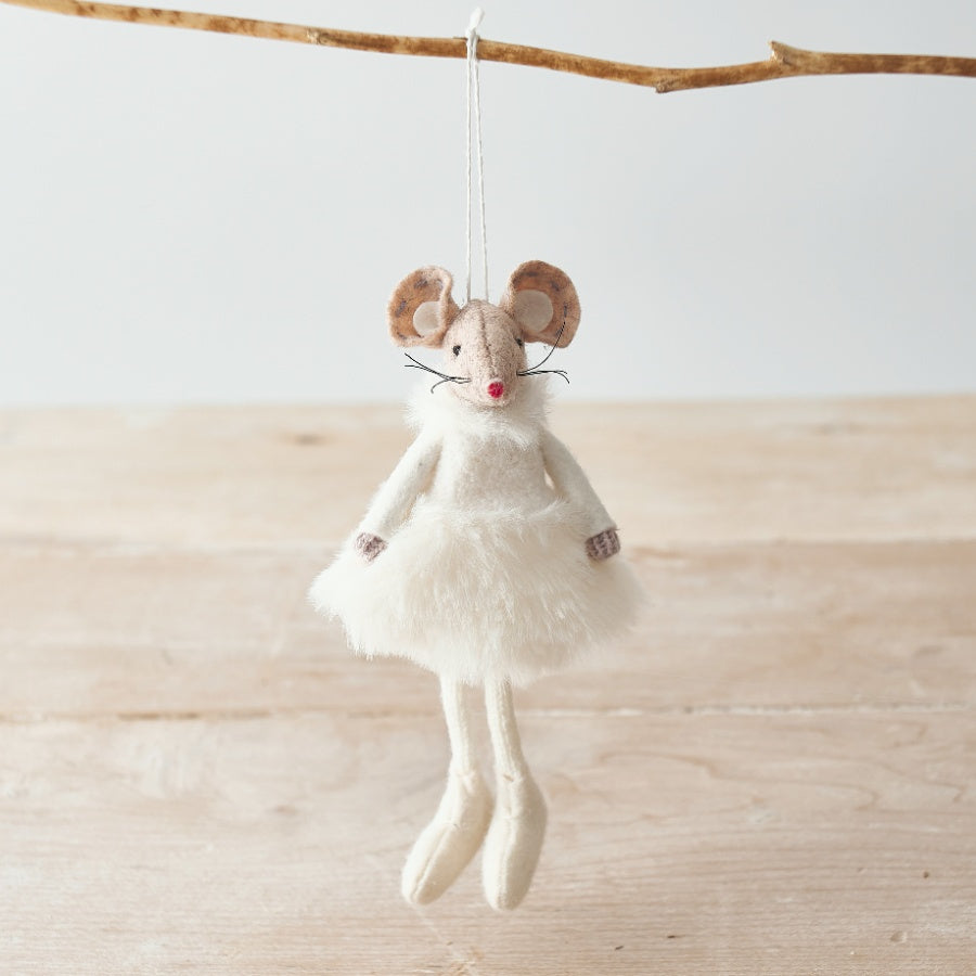 Hanging Mouse in White Fluffy Dress
