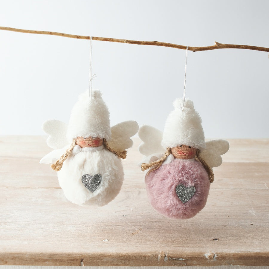 White or Pink Faux Fur Hanging Angel