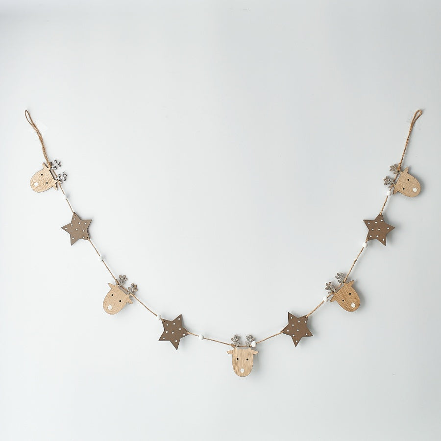 Neutral Reindeer and Star Wooden Garland