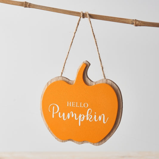 Orange 'Hello Pumpkin' Hanging Wooden Plaque