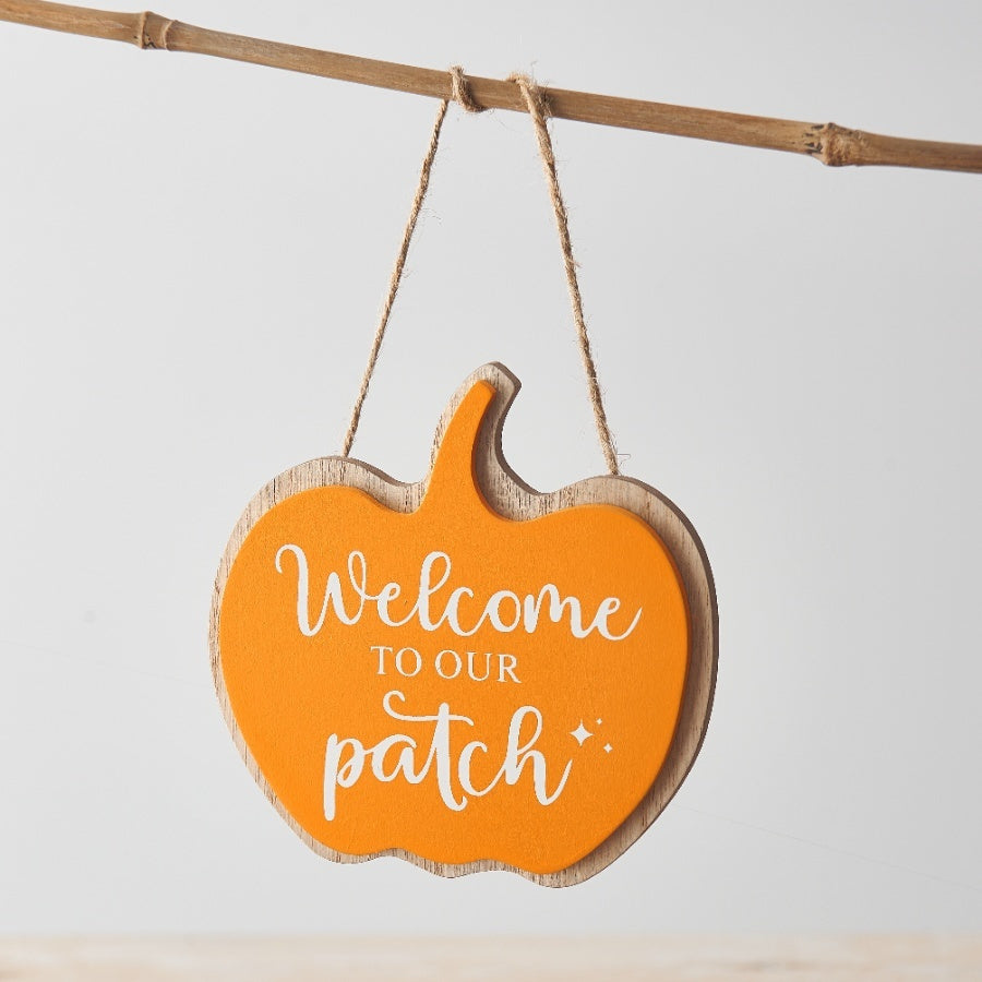 Orange 'Welcome to our Patch' Hanging Wooden Plaque