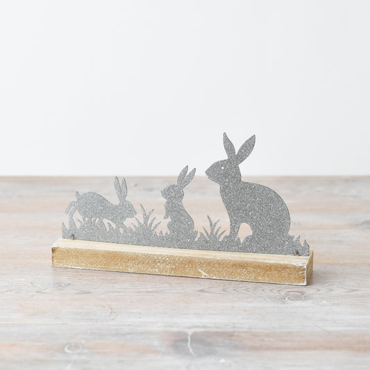 Silver Metal Rabbits on Wooden Base