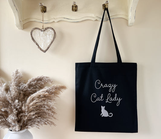 "Crazy Cat Lady" Slogan Tote Bag, Shopping Bag, Beach Bag 100% Premium Cotton, Choice of Colours