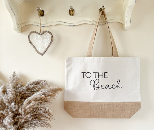 "To The Beach" Slogan Jute Tote Bag, Beach Bag. Lots of Font Colours to Choose From