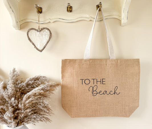 "To The Beach" Slogan Jute Tote Bag, Beach Bag, Shopping Bag, 2 Sizes, Choice of Font Colour