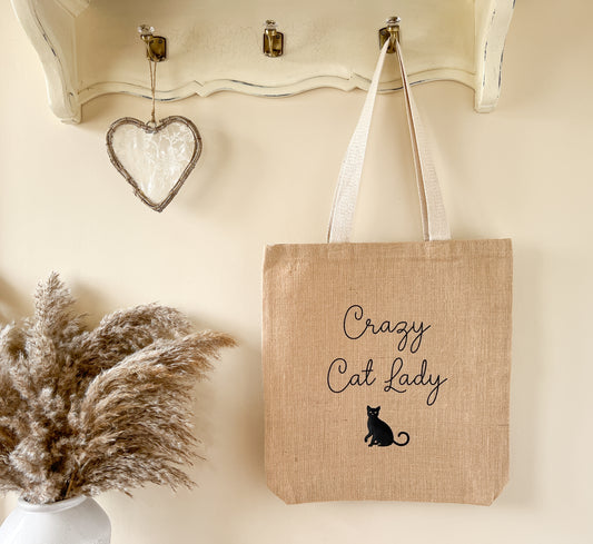 "Crazy Cat Lady" Slogan Jute Tote Bag, Beach Bag, Shopping Bag, 2 Sizes, Choice of Font Colour