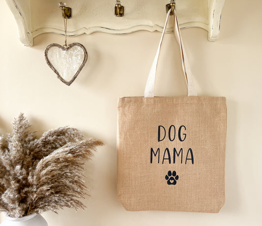 "Dog Mama" Slogan Jute Tote Bag, Beach Bag, Shopping Bag, 2 Sizes, Choice of Font Colour