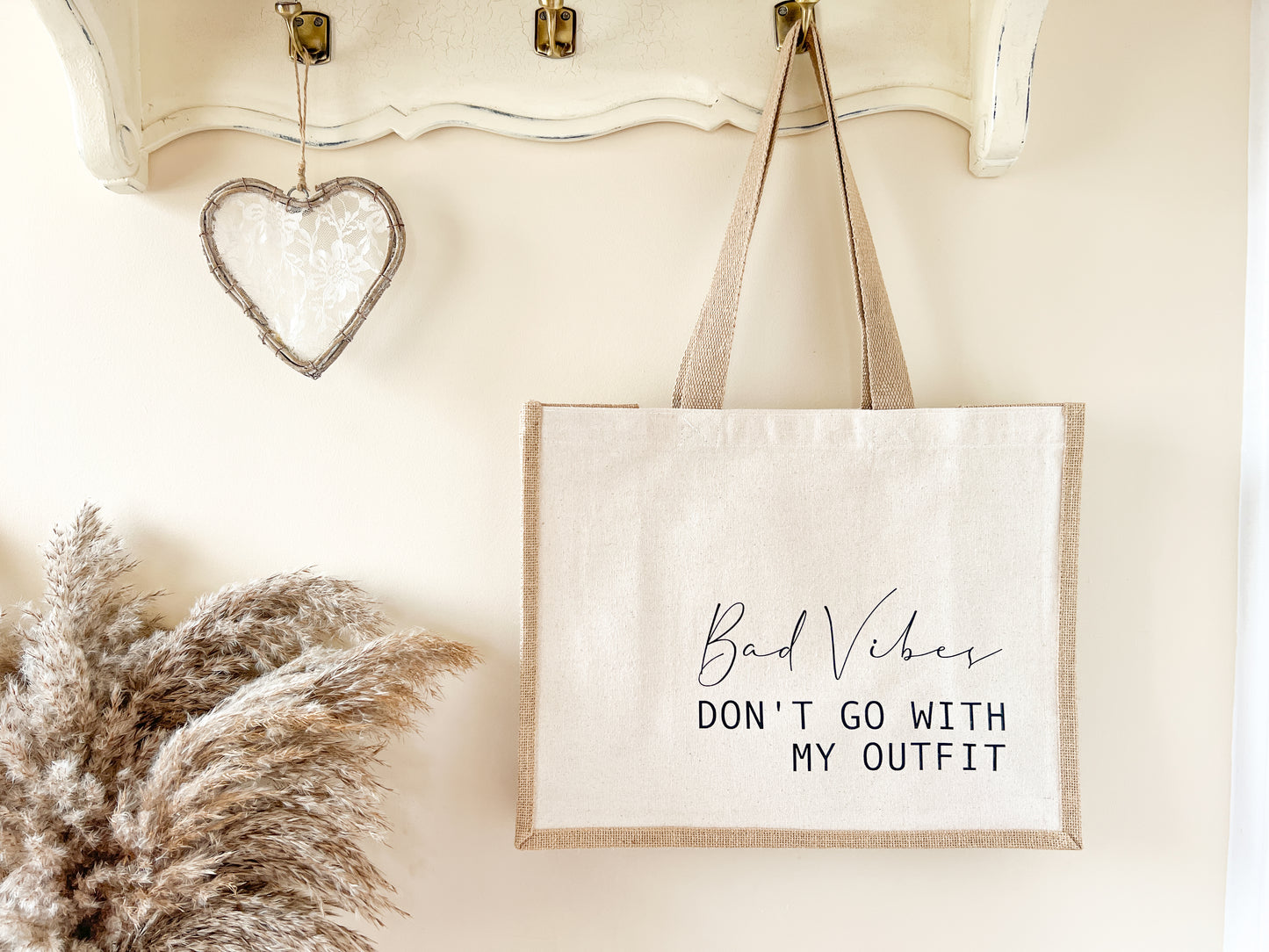 "Bad Vibes Don't Go With My Outfit" Slogan Jute Tote Bag, Beach Bag, Shopping Bag, Choice of Font Colour