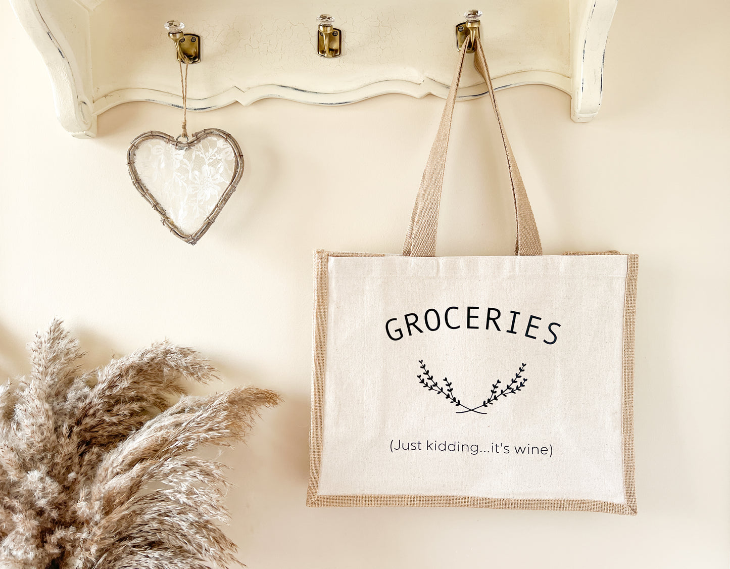 "Groceries (Just Kidding, It's Wine)" Slogan Jute Tote Bag, Beach Bag, Shopping Bag, Choice of Font Colour