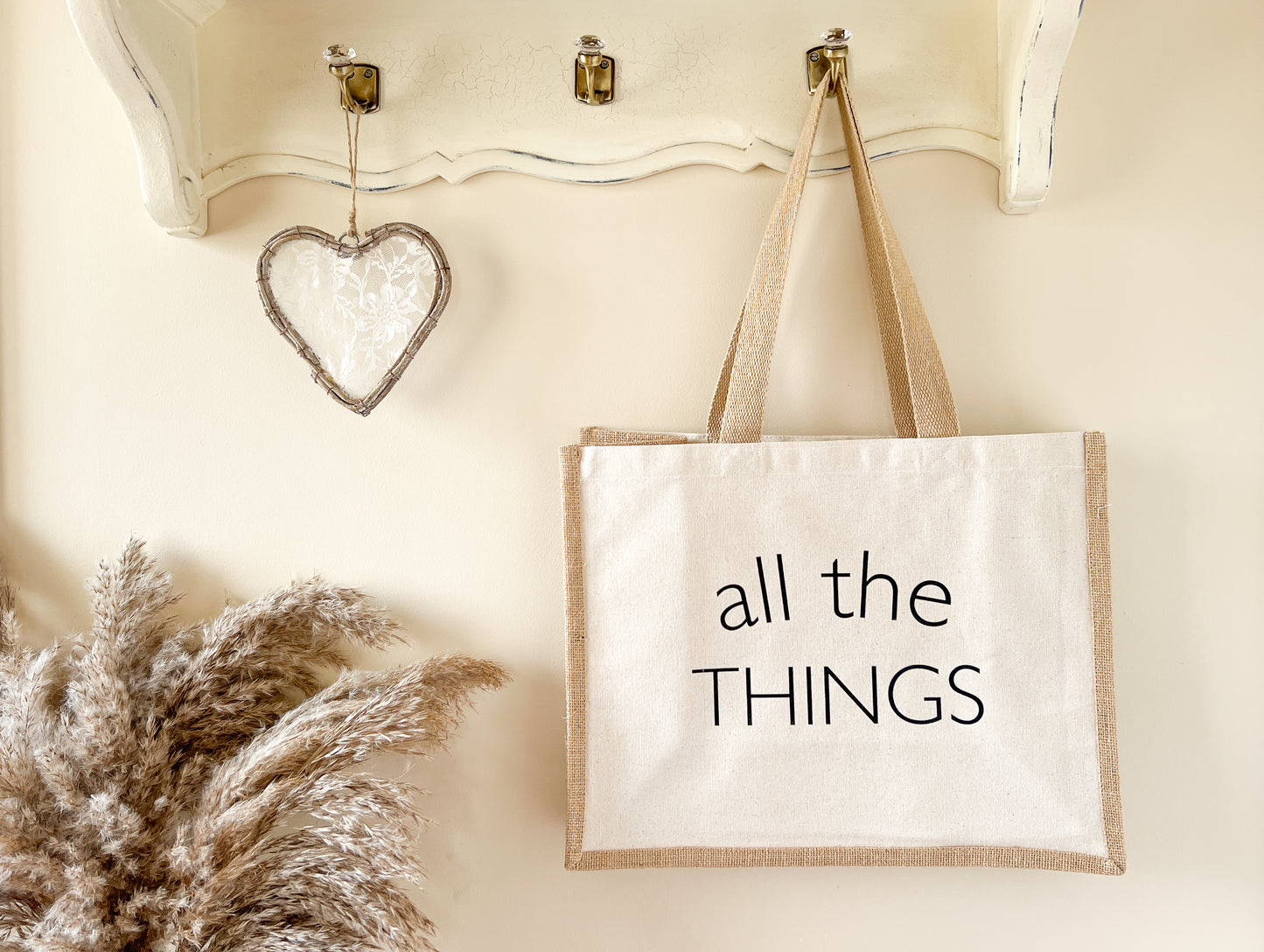 "All The Things" Slogan Jute Tote Bag, Beach Bag, Shopping Bag, Choice of Font Colour