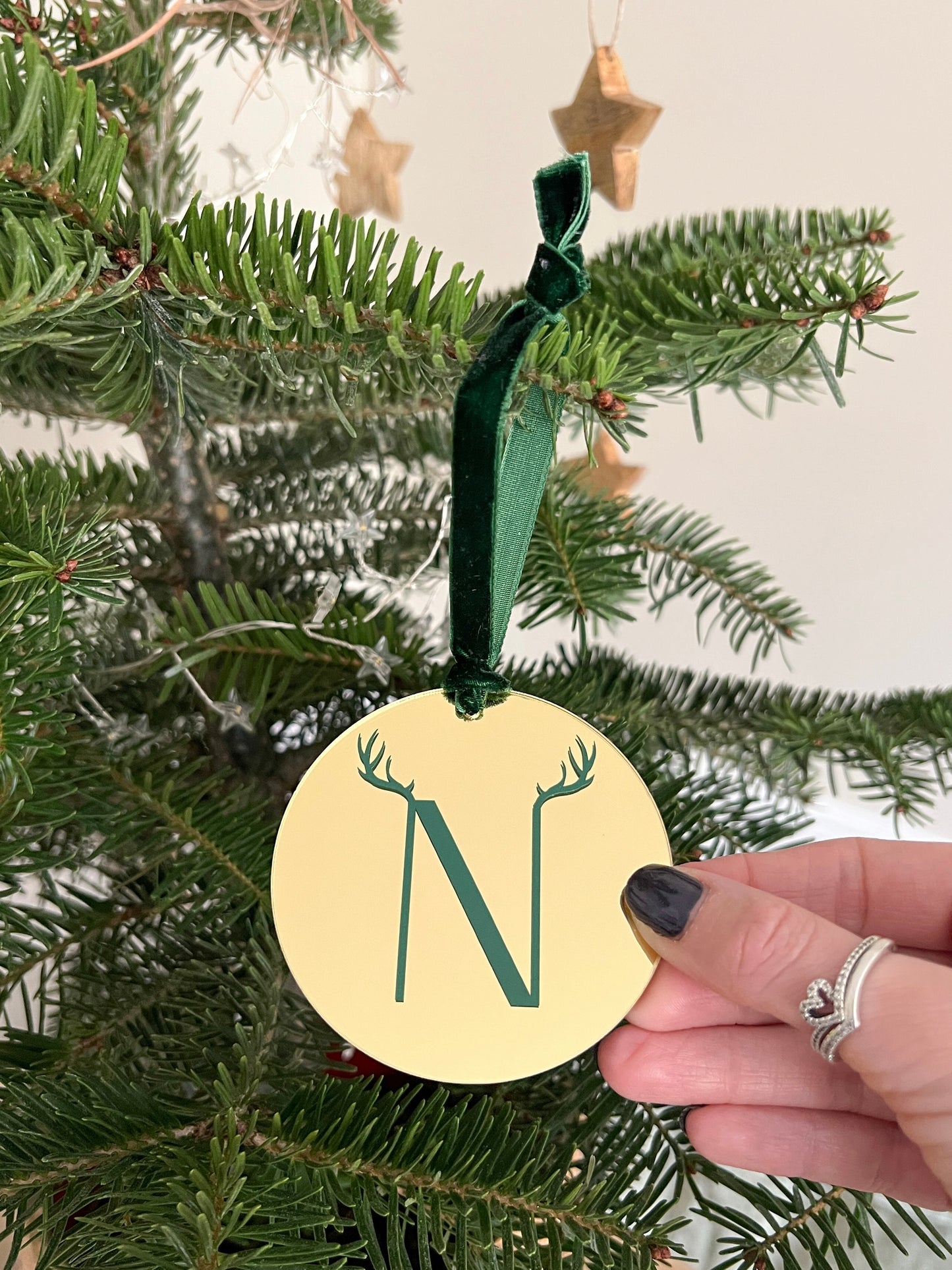 Personalised Gold, Rose Gold or Frosted Christmas Tree Decoration / Bauble with Initial and Deer Antlers, Various Colour Combinations