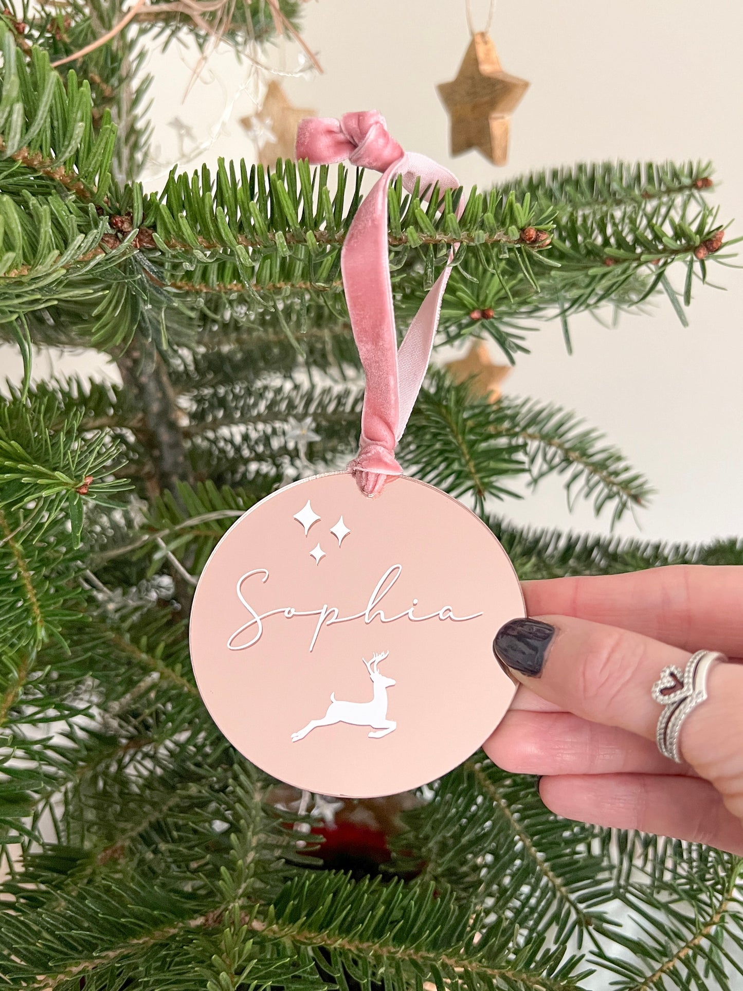 Personalised Gold, Rose Gold or Frosted Christmas Tree Decoration / Bauble with Name and Deer, Various Colour Combinations