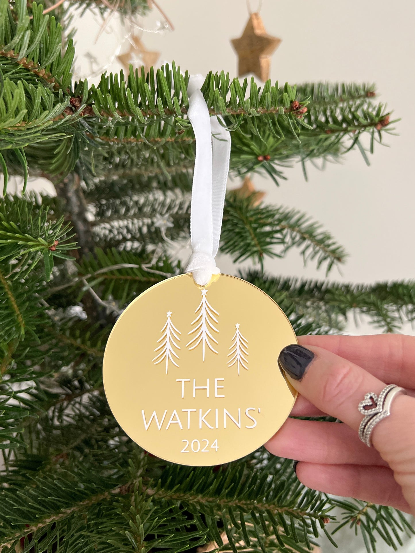 Personalised Gold, Rose Gold or Frosted Christmas Tree Decoration / Bauble with Family Name/Surname, Various Colour Combinations