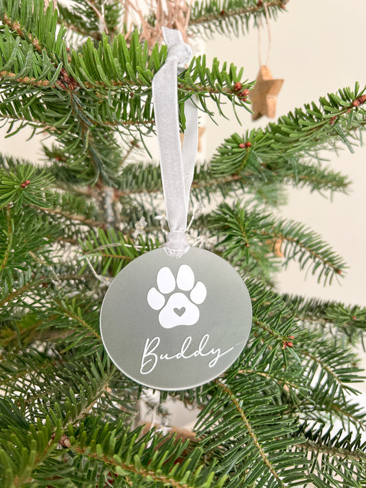 Personalised Gold, Rose Gold or Frosted Paw Christmas Tree Decoration / Bauble for Dogs and Cats, Various Colour Combinations