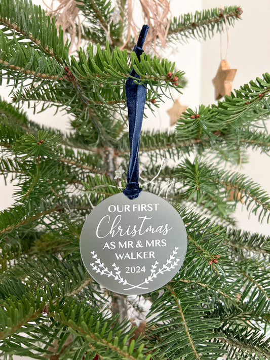 Personalised Gold, Rose Gold or Frosted Newlyweds 'First Christmas' Tree Decoration / Bauble, Various Colour Combinations