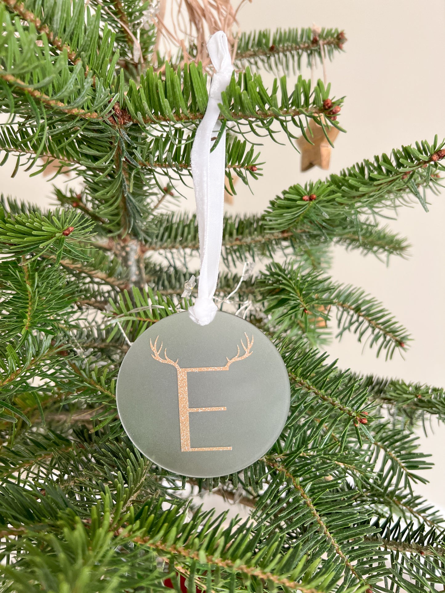 Personalised Gold, Rose Gold or Frosted Christmas Tree Decoration / Bauble with Initial and Deer Antlers, Various Colour Combinations