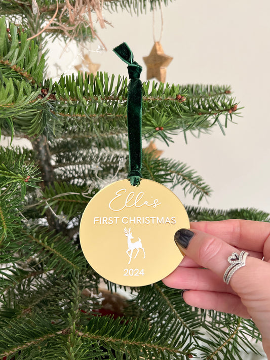 Personalised Gold, Rose Gold or Frosted 'Baby's First Christmas' Tree Decoration / Bauble, Various Colour Combinations