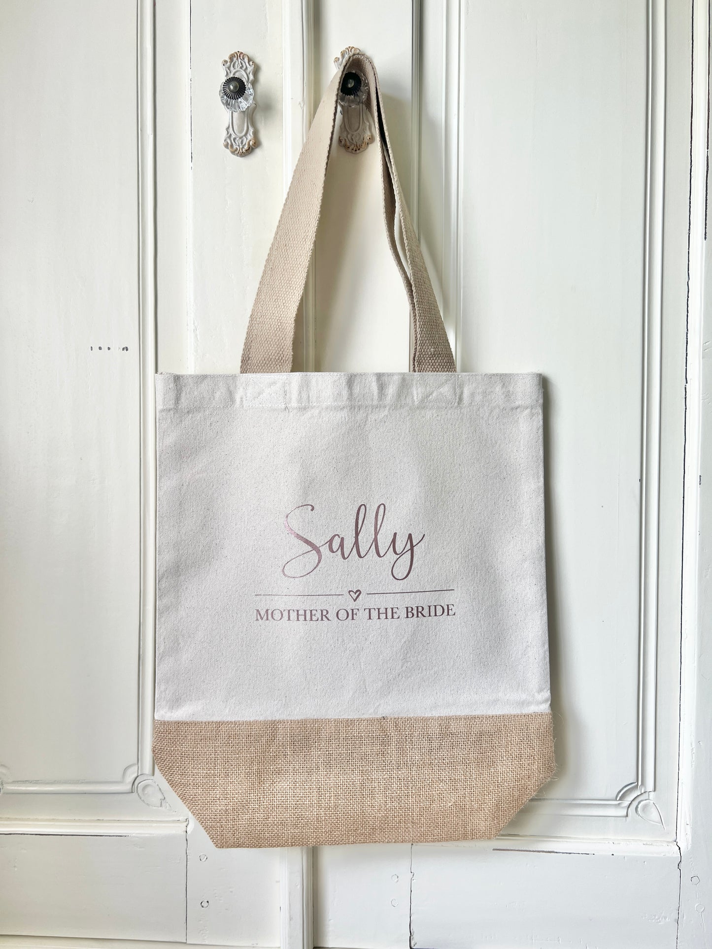 Personalised Jute Tote Bag for Hen Do, Wedding, Bride, Bridesmaids, 2 Sizes, Choice of Font Colour