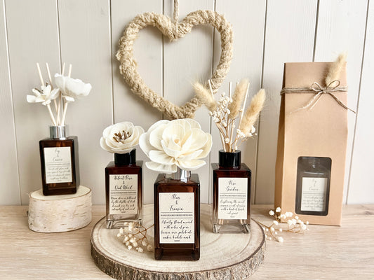 Luxury Reed Diffuser, 100ml, Can be Personalised, Choice of Scents, Flower Reed, Dried Flowers, Amber Bottle
