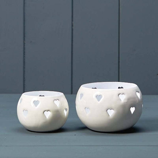 White T-Light Holder with Cut Out Hearts