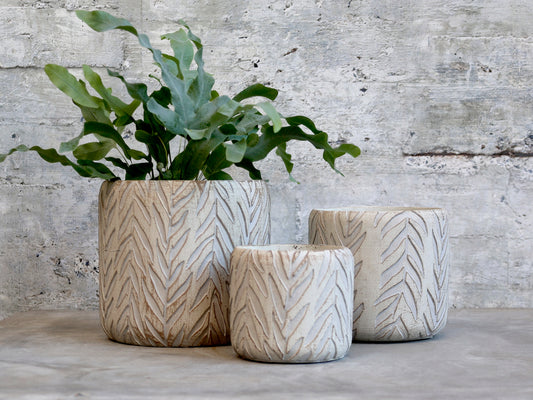 Chic Antique - Neutral Plant Pot With Leaf Pattern