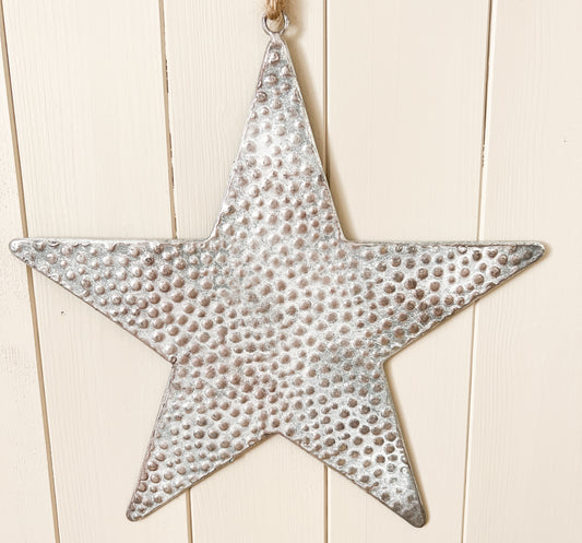 Hammered Silver Metal Star Hanging Decoration