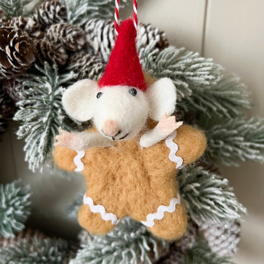 Woollen Gingerbread Mouse Hanging Decoration