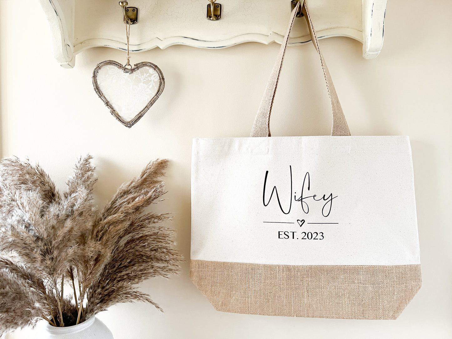 Personalised Wifey Jute Tote Bag For Honeymoon, Hen Do, Wedding Gift, 3 Sizes, Choice of Font Colour