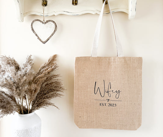 Personalised Wifey Jute Tote Bag, Shopping Bag, 2 Sizes, Choose Your Font Colour