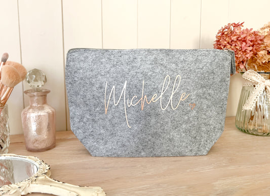 Personalised Grey Make-Up Bag, Cosmetic Bag, Toiletry Bag, Choice of Font Colour