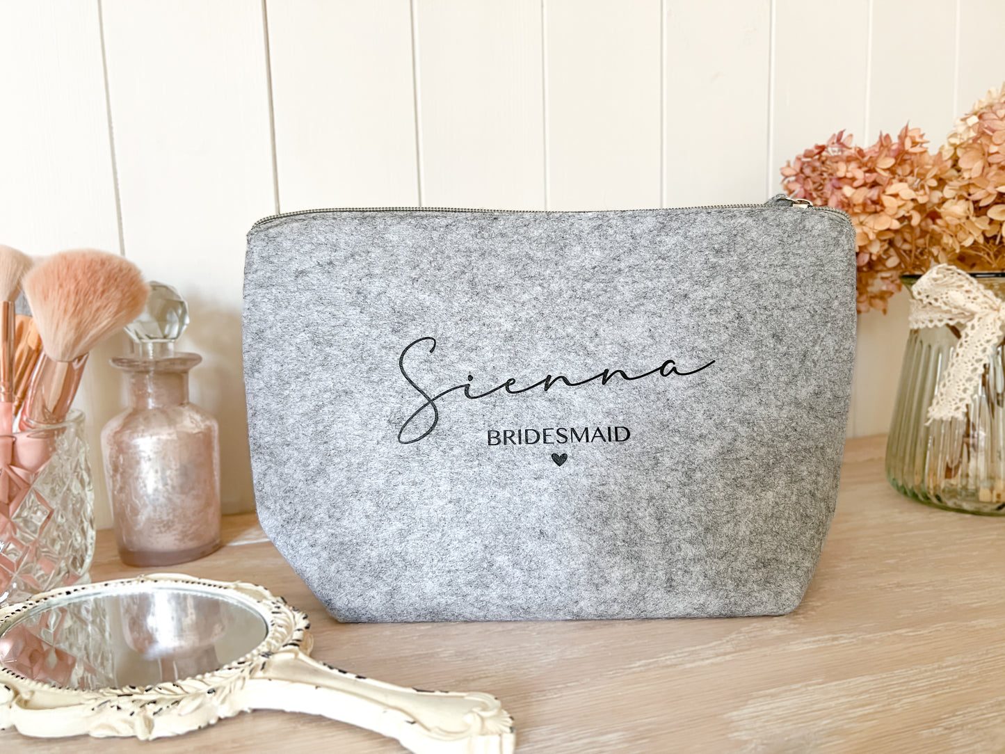 Personalised Grey Make-Up Bag for Wedding, Cosmetic Bag, Toiletry Bag, Choice of Font Colour