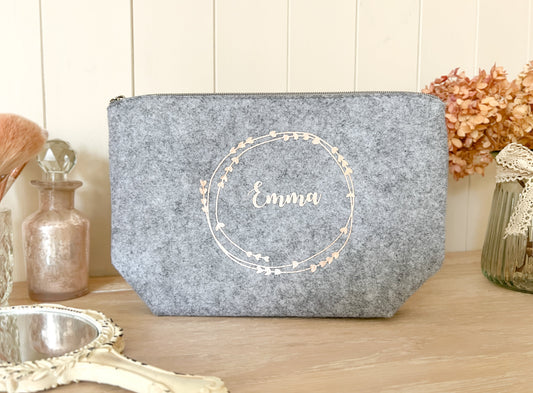 Personalised Grey Make-Up Bag, Cosmetic Bag, Toiletry Bag, Choice of Font Colour