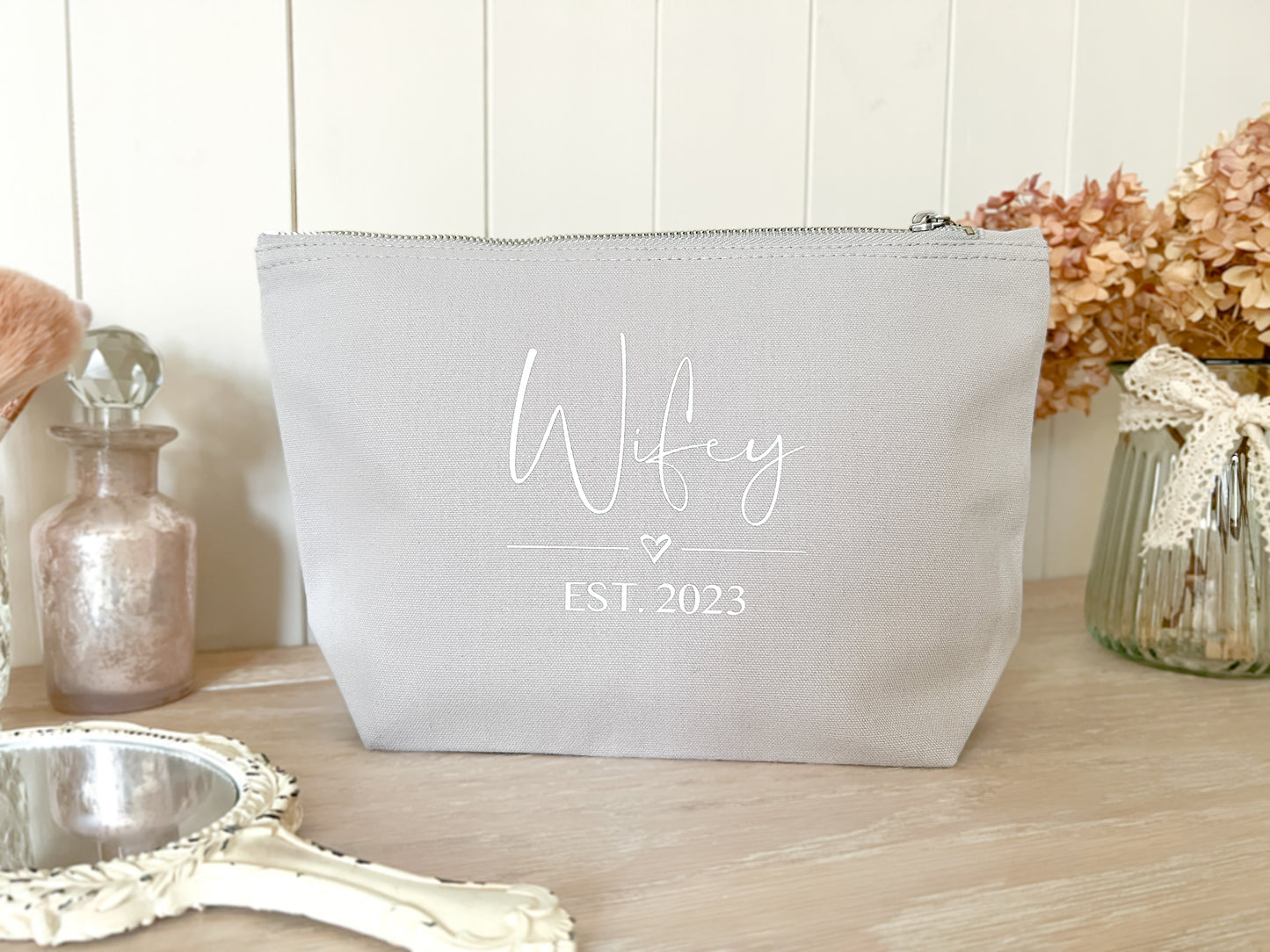 Personalised Make-Up Bag, Cosmetic Bag for Wifey, Bride, Newlywed Gift, New Mrs, Wedding Present, Hen Do, Choice of Colours