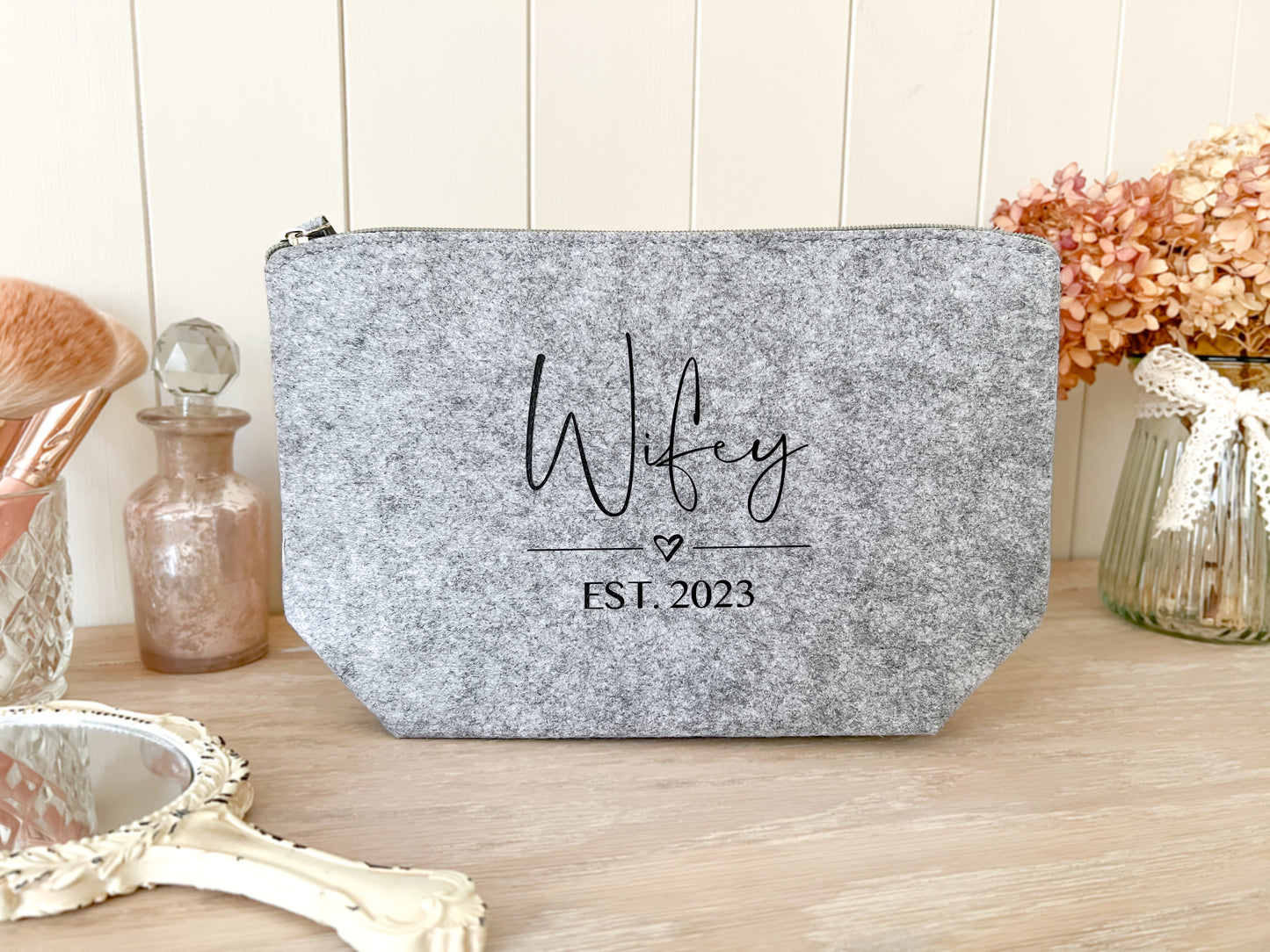 Personalised "Wifey" Grey Make-Up Bag for Wedding, Cosmetic Bag, Toiletry Bag, Choice of Font Colour