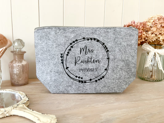 Personalised Grey Make-Up Bag for Wedding, Cosmetic Bag, Toiletry Bag, Choice of Font Colour