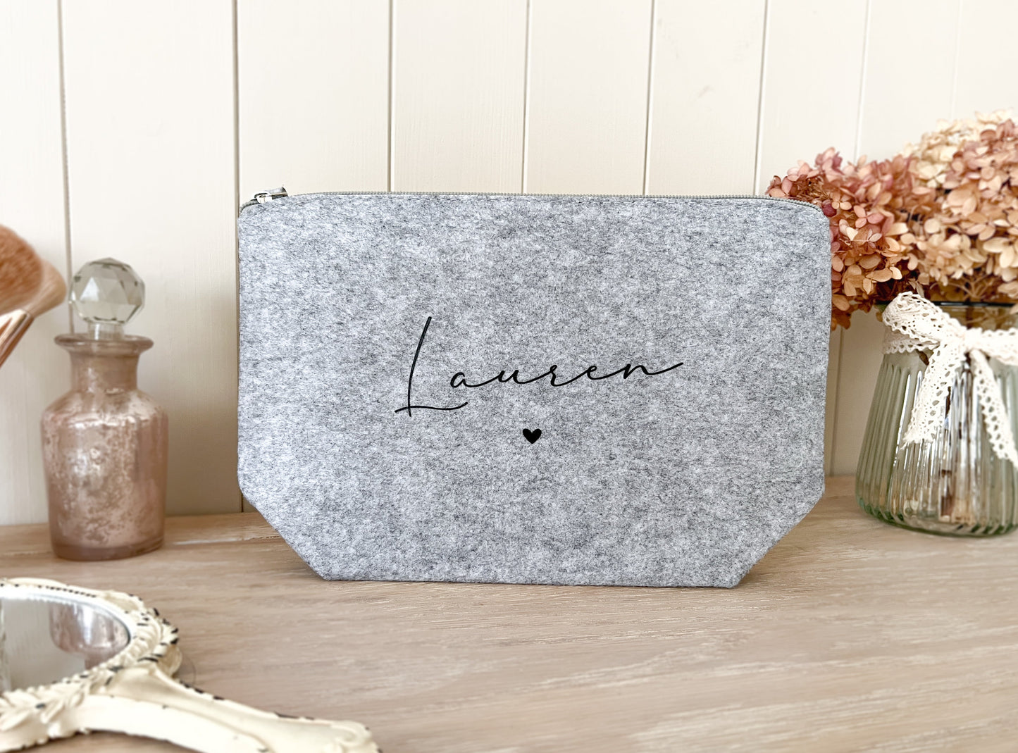 Personalised Grey Make-Up Bag, Cosmetic Bag, Toiletry Bag, Choice of Font Colour