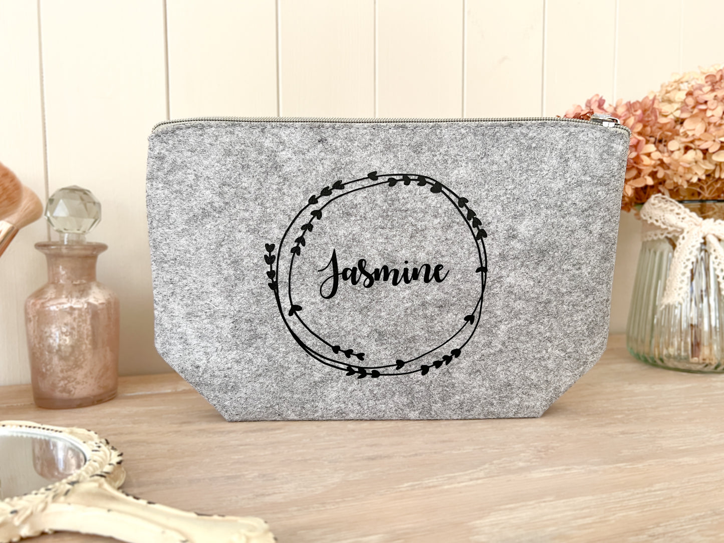 Personalised Grey Make-Up Bag, Cosmetic Bag, Toiletry Bag, Choice of Font Colour