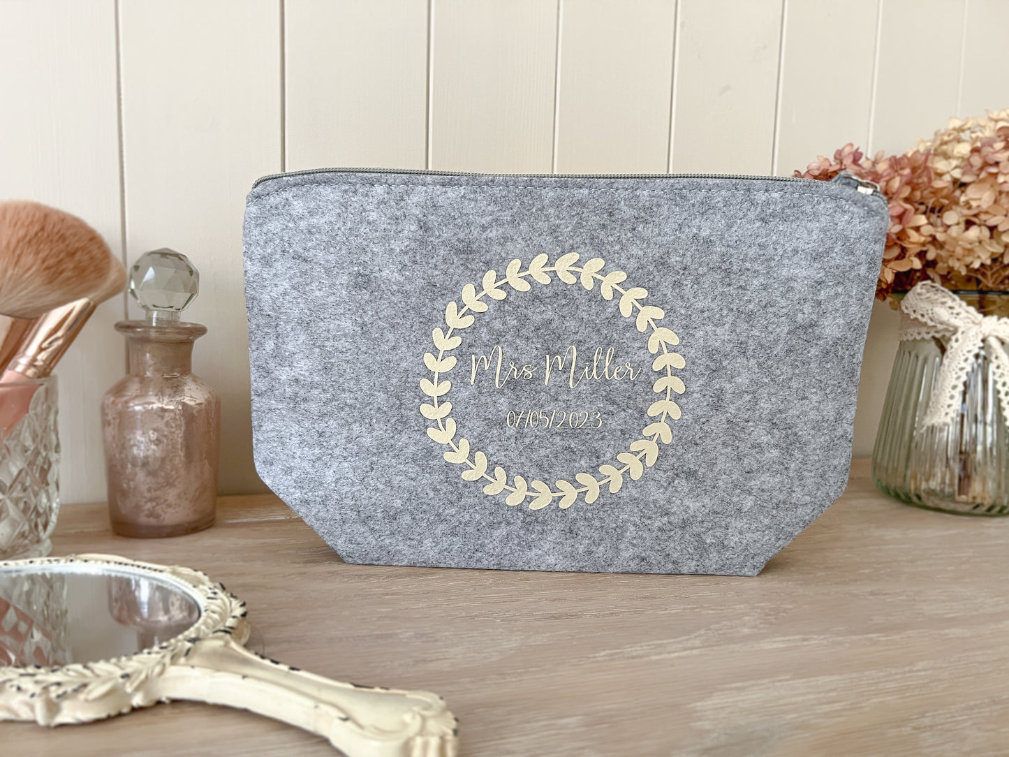 Personalised Grey Make-Up Bag for Wedding, Cosmetic Bag, Toiletry Bag, Choice of Font Colour