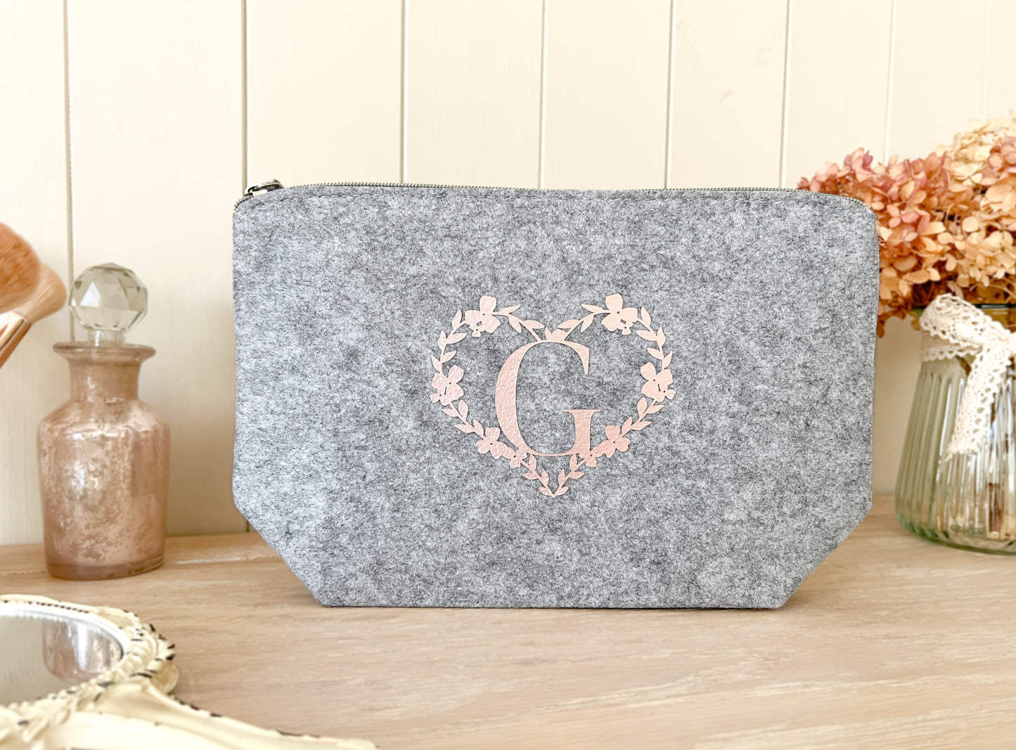 Personalised Initial Grey Make-Up Bag, Cosmetic Bag, Toiletry Bag, Choice of Font Colour