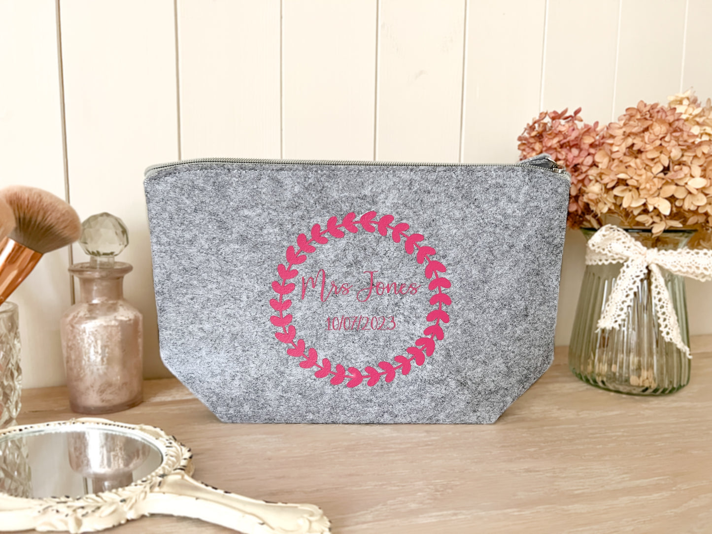 Personalised Grey Make-Up Bag for Wedding, Cosmetic Bag, Toiletry Bag, Choice of Font Colour