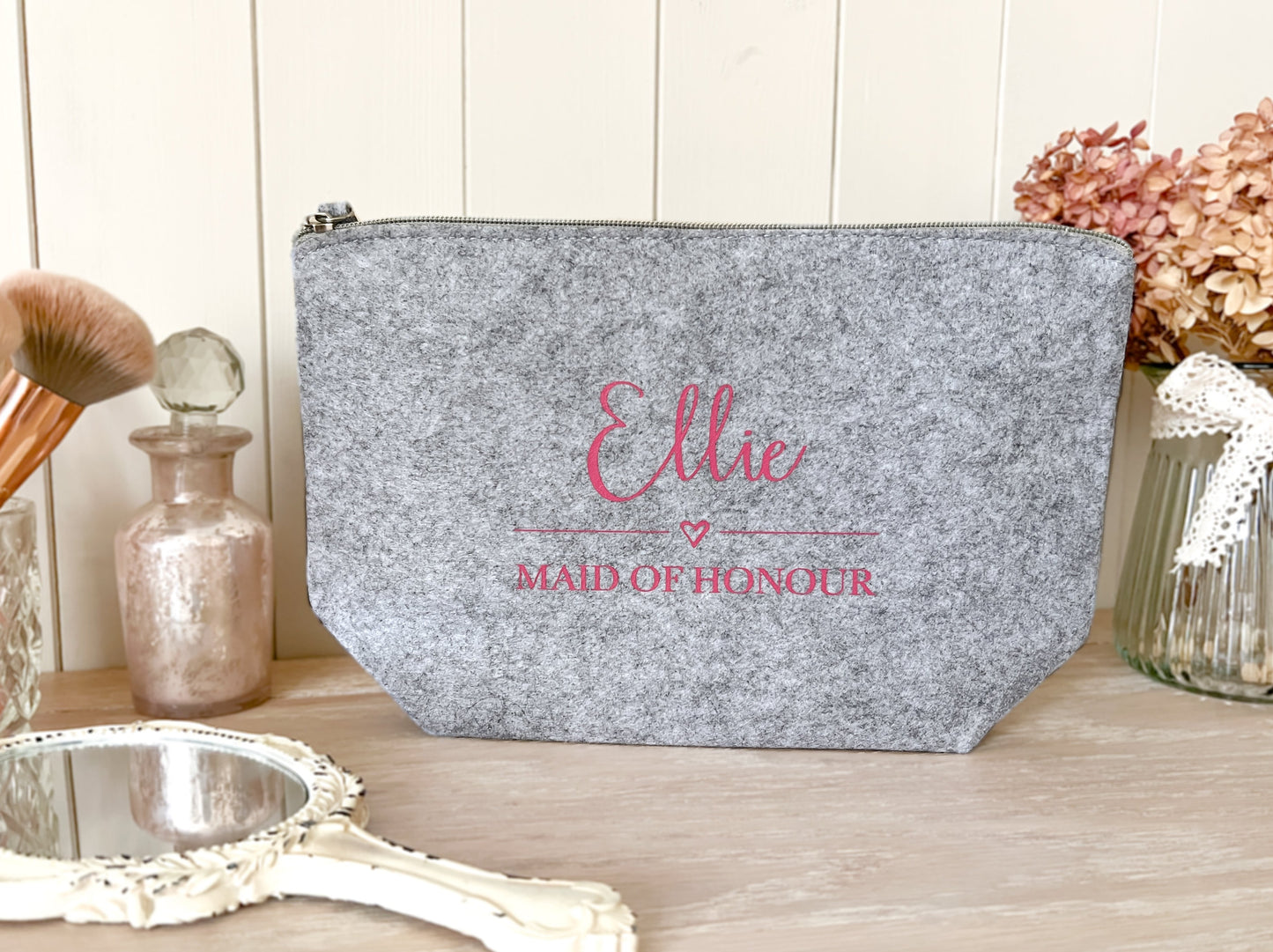 Personalised Grey Make-Up Bag for Wedding, Cosmetic Bag, Toiletry Bag, Choice of Font Colour